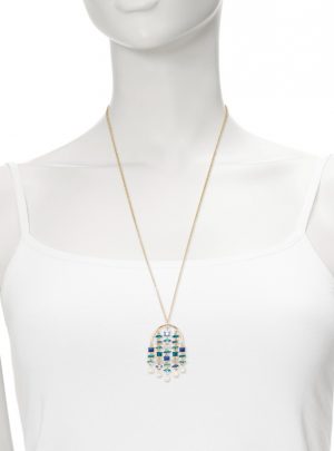 Vince Camuto 30″ Waterfall Multi Colored Blue & Green Crystal Pendant Necklace with 8mm Freshwater Pearls