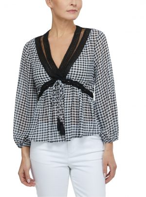 Laundry by Shelli Segal Gingham-Print Lace-Trim Top
